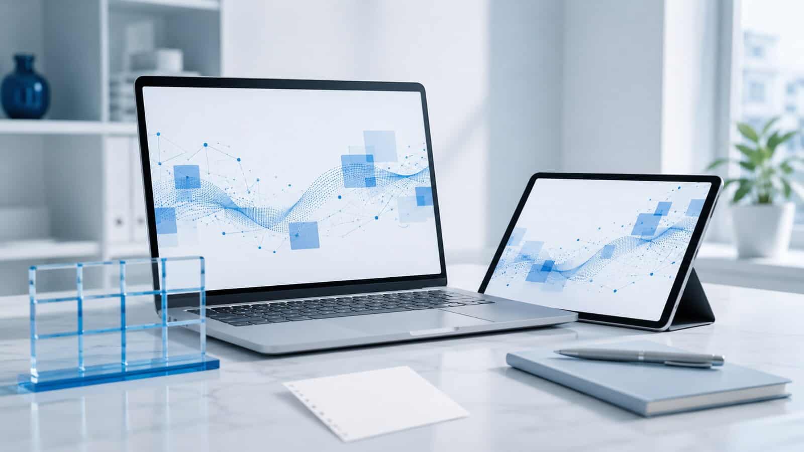Laptop and tablet showing blue digital diagrams beside a notebook.